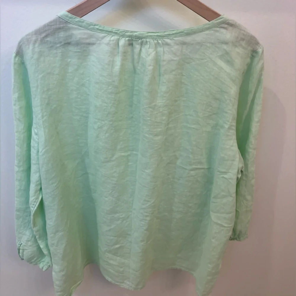 Eileen Fisher 100% Irish Linen Light Green Tie Front Pleasant top Blouse XL - Picture 4 of 5